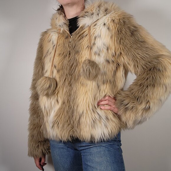 Vintage 90s Nine West Faux Fur Hooded Jacket Brown Spotted Y2K Mob Wife Glam M - Picture 3 of 10